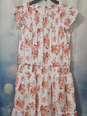 LOFT White Midi with Peach & Coral Floral Print Dress in Large, NWOT